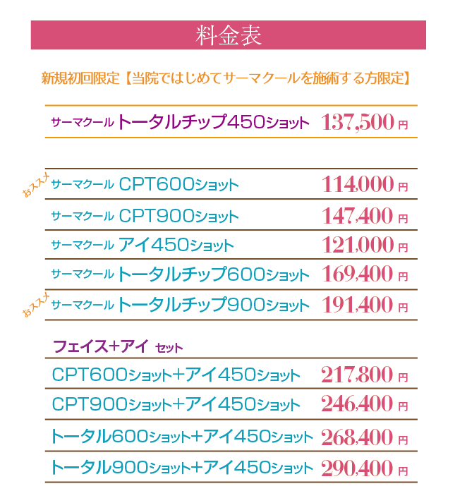 
        サーマクールCPT600ショット　90,000円、
        サーマクールCPT900ショット　115,000円、
        サーマクールアイ450ショット　90,000円、
        サーマクールトータルチップ　145,000円、
        