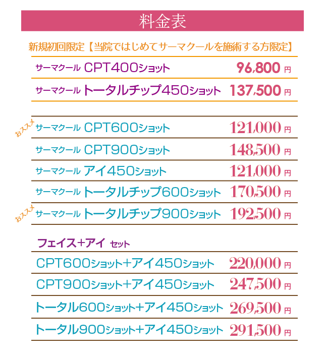 
        サーマクールCPT600ショット　90,000円、
        サーマクールCPT900ショット　115,000円、
        サーマクールアイ450ショット　90,000円、
        サーマクールトータルチップ　145,000円、
        