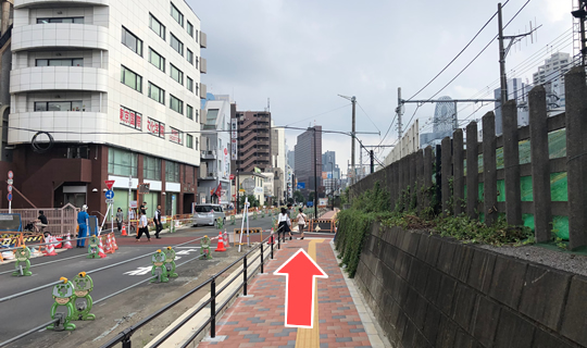 西武新宿線の線路に沿って、そのまま直進してください。