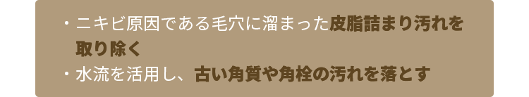 ニキビ原因である毛穴に詰まった皮脂詰まり汚れを取り除き、水流を活用し、古い角質や角栓の汚れを落とす